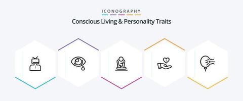 Concious Living And Personality Traits 25 Line icon pack including love. giving. sad. donation. yoga vector