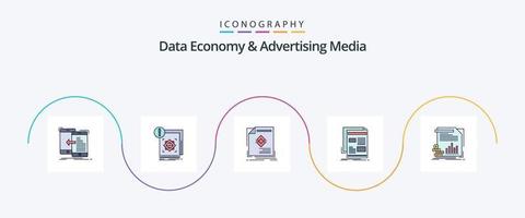 la economía de datos y la línea de medios publicitarios llenaron el paquete de iconos planos 5 que incluye el periódico. Noticias. información. página. folleto vector