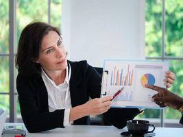 Portrait of businesswoman leader presenters showing growth graphics and taking a business conversation at office conference meetings. colleagues discussing and consulting concept photo