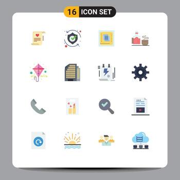 Pictogram Set of 16 Simple Flat Colors of hot tea shield processor cpu Editable Pack of Creative Vector Design Elements