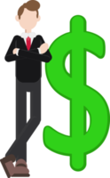 businessman leaning to big green dollar symbol, success and profitable investatment concept png