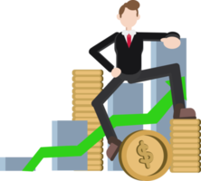 hombre de negocios sentado en un gráfico de barras ascendente con dirección de flecha hacia arriba y una gran pila de monedas, inversión exitosa png