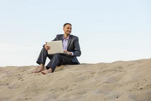 Businessman sitting alone in the empty desert photo