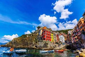 view of the colorful houses along the coastline of Cinque Terre area in Riomaggiore, Italy photo