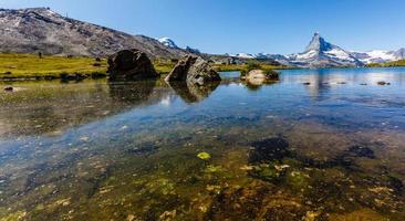 Amazing view of touristic trail near the Matterhorn in the Swiss Alps. photo