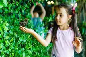 niña sosteniendo una mariposa en un campo foto