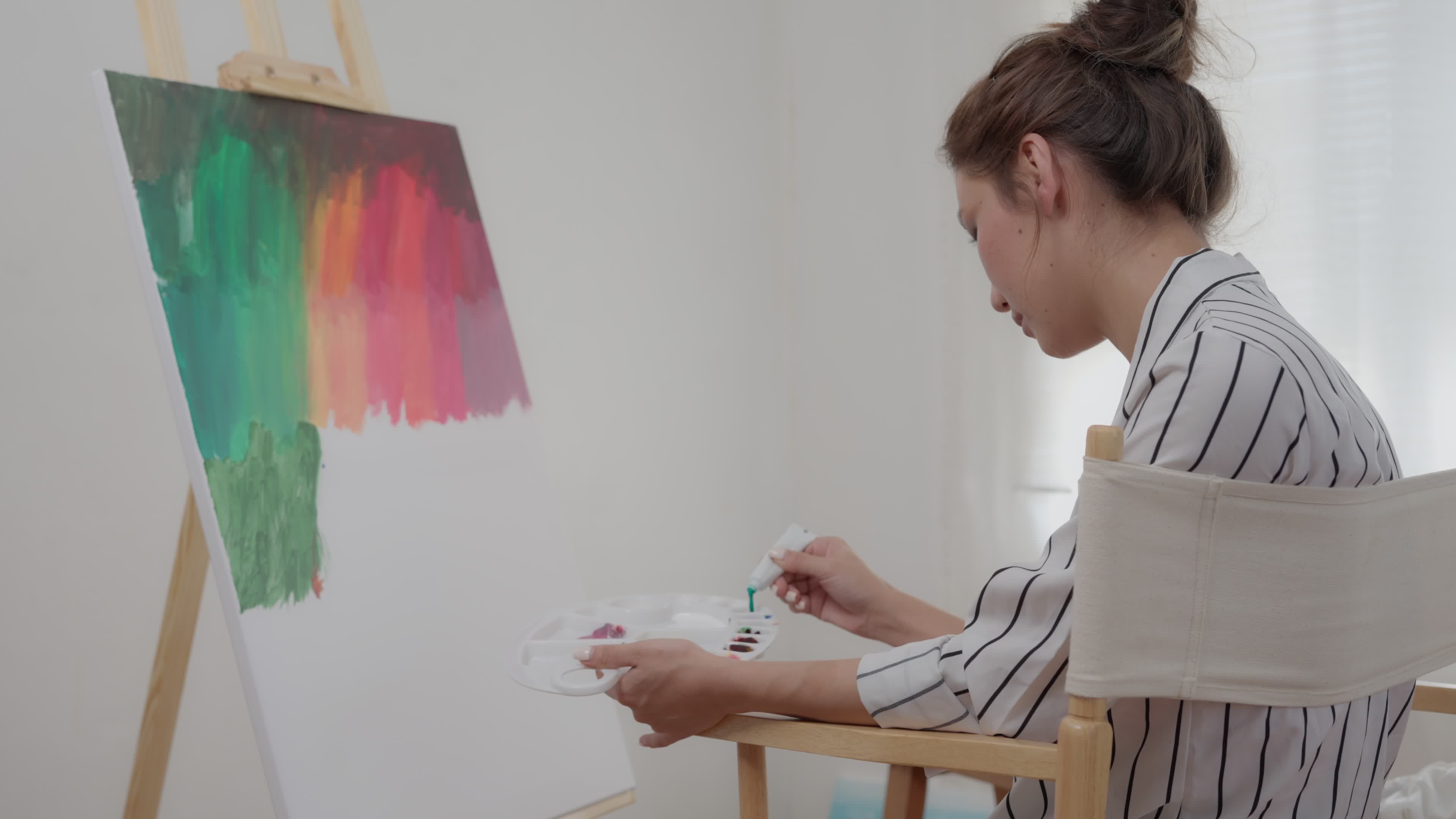 Professional artist use prepare paint for abstract art and create masterpiece. painter paint