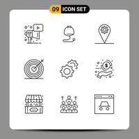 Universal Icon Symbols Group of 9 Modern Outlines of gears wedding business target heart Editable Vector Design Elements