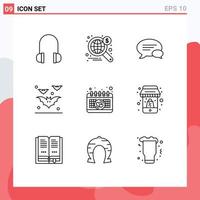 Mobile Interface Outline Set of 9 Pictograms of love calendar communication night bats Editable Vector Design Elements