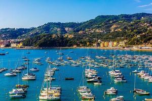 Aerial view of small yachts and fishing boats in Lerici town, located in the province of La Spezia in Liguria, part of the Italian Riviera, Italy. photo