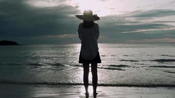 erholung und entspannen am strandkonzept. frauen stehen heben die hände zum entspannen und sehen sonnenuntergang auf dem meer. Frauen trugen Kleider und Schleier, die im Wind schwankten, und genossen die Strandatmosphäre. video