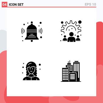 Set of 4 Vector Solid Glyphs on Grid for bell female education team web developer Editable Vector Design Elements