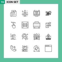 Universal Icon Symbols Group of 16 Modern Outlines of finger pen learning file monitor Editable Vector Design Elements