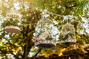 Wedding decor, decor in the trees, flowers in black cages photo