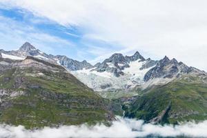 Senderismo en los alpes suizos con campo de flores y el pico Matterhorn al fondo. foto
