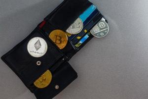 Closed wallet with dollar bills and bitcoins on the wooden table. Business concept. photo