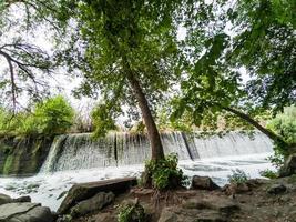 Tree between waterfalls .Small waterfall in park photo