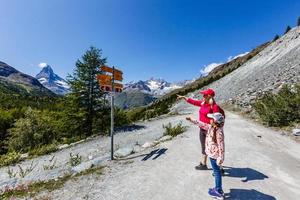 Amazing view of touristic trail near the Matterhorn in the Swiss Alps. photo