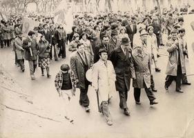 An antique photo shows people at a demonstration in honor of the victory in the Great Patriotic War, May 9, 1977.