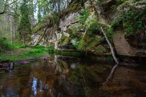 a Small Forest Stream With Sandstone Cliffs and Stones photo