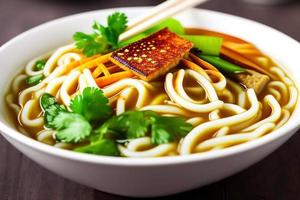 Delicious noodles. Fast food meal with appetizing pasta and chopsticks. photo