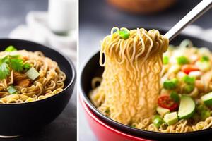 Delicious noodles. Fast food meal with appetizing pasta and chopsticks. photo