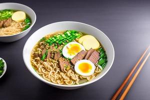 Delicious noodles. Fast food meal with appetizing pasta and chopsticks. photo