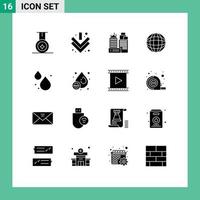 Modern Set of 16 Solid Glyphs Pictograph of liquid drop work spring water Editable Vector Design Elements