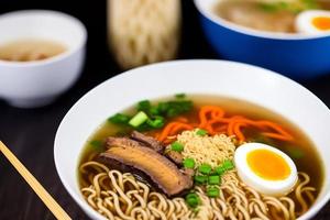 Delicious noodles. Fast food meal with appetizing pasta and chopsticks. photo