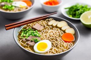 Delicious noodles. Fast food meal with appetizing pasta and chopsticks. photo