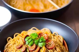 Delicious noodles. Fast food meal with appetizing pasta and chopsticks. photo