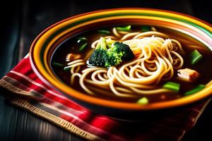 Delicious noodles. Fast food meal with appetizing pasta and chopsticks. photo