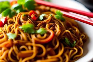 Delicious noodles. Fast food meal with appetizing pasta and chopsticks. photo