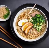 Delicious noodles. Fast food meal with appetizing pasta and chopsticks. photo