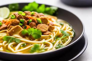 Delicious noodles. Fast food meal with appetizing pasta and chopsticks. photo