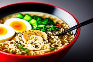 Delicious noodles. Fast food meal with appetizing pasta and chopsticks. photo