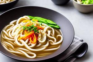 Delicious noodles. Fast food meal with appetizing pasta and chopsticks. photo