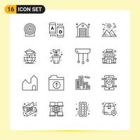 Pictogram Set of 16 Simple Outlines of graduation world building sun planet Editable Vector Design Elements