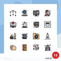 Flat Color Filled Line Pack of 16 Universal Symbols of coding grooming process female cutter Editable Creative Vector Design Elements