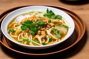 Delicious noodles. Fast food meal with appetizing pasta and chopsticks. photo