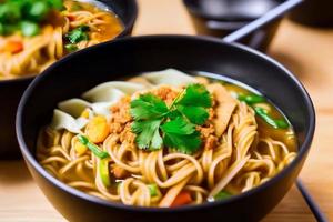 deliciosos fideos. comida rápida con apetitosas pastas y palillos. foto