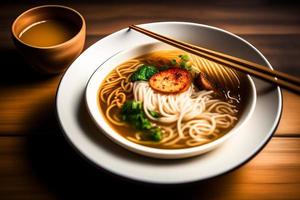 Delicious noodles. Fast food meal with appetizing pasta and chopsticks. photo