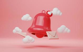 icono de sobre con mensaje no leído amor e icono de campana de notificación con avión de papel sobre fondo rosa. ilustración 3d, representación 3d foto