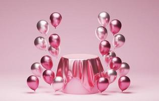 Pink silk on podiums with pink balloons luxury pink abstract background for valentine. 3d illustration, 3d rendering photo