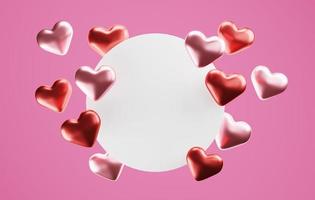 White geometric circles for text decorated with red and pink heart shaped balloons on a pink background. 3d illustration, 3d rendering photo