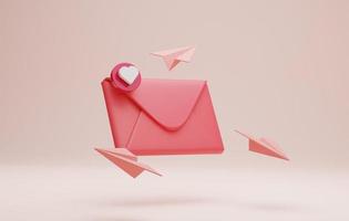 Envelope icon with unread message love and notification with paper plane on pink background. 3d illustration, 3d rendering photo