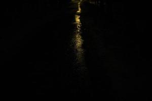 Line of light in dark. Track at night. Glare on wet road. photo