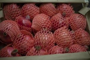 Pomegranate on market. Fruit in box. Fruits in net. Market Details. photo