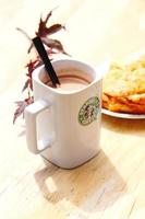 WASHINGTON, USA - August 01 2022  Coffee mug with Starbucks logo on front, white bakery on plate. Place it on a wooden table in the garden where the morning sun shines. photo