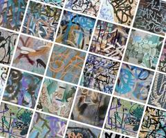 A set of many small fragments of tagged walls. Graffiti vandalism abstract background collage photo